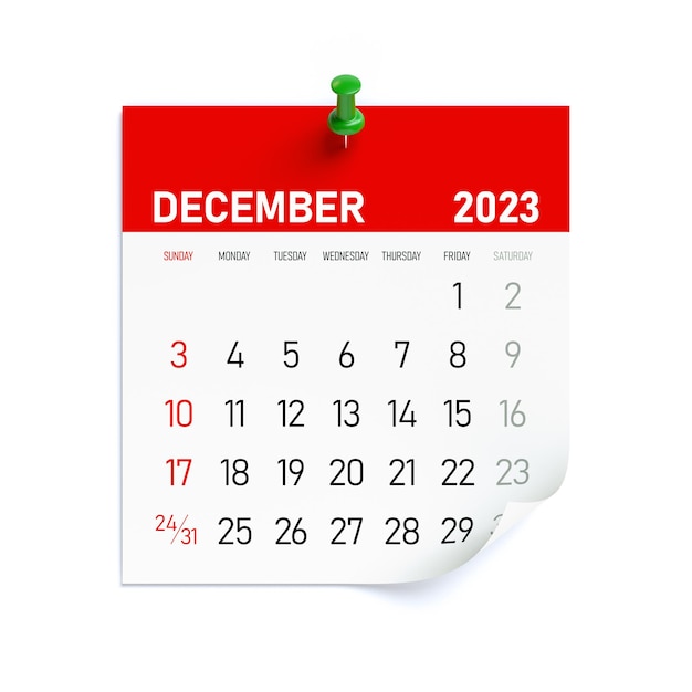 December 2023 Calendar Isolated on White Background 3D Illustration