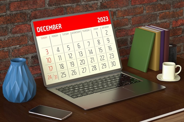 December Calendar 2023 Planning Schedule Laptop Computer Office Desk 3d Rendering