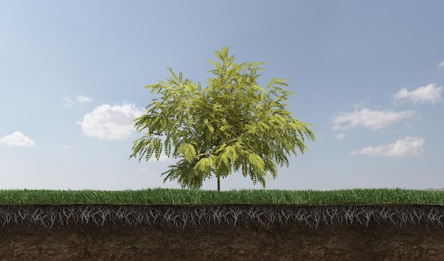 Deciduous tree and soil cut under it, 3d render