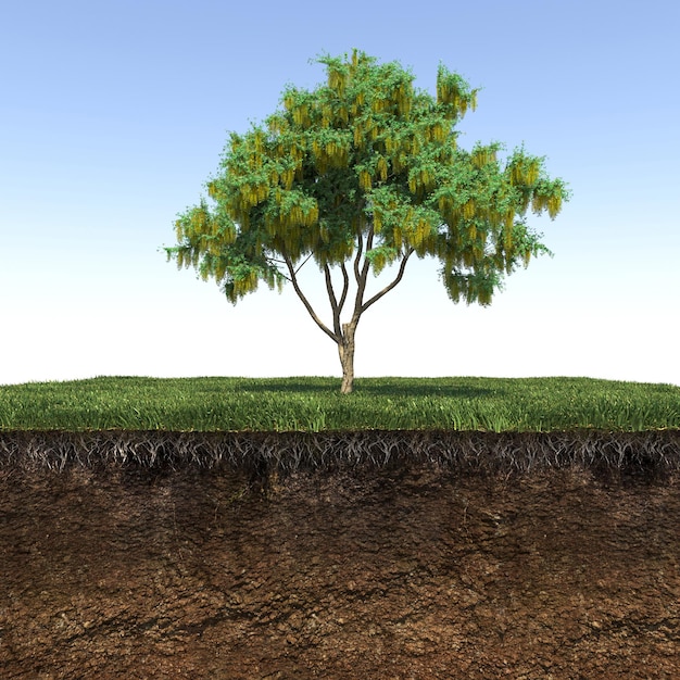 Deciduous tree and soil cut under it. Isolated garden element, 3D illustration, cg render