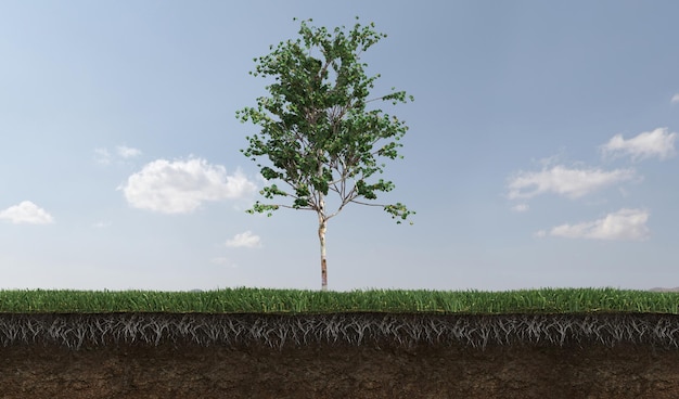 Deciduous tree and soil cut under it. Isolated garden element, 3D illustration, cg render