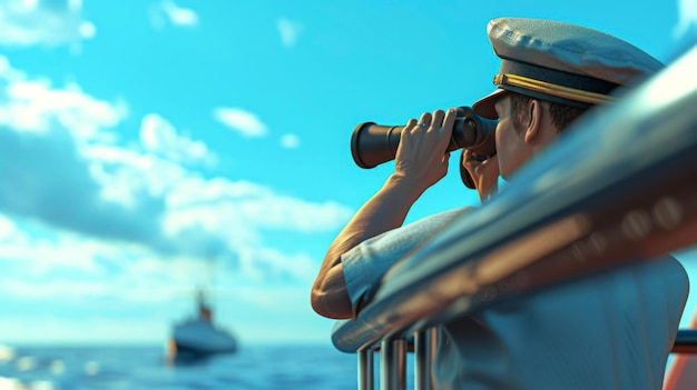 The deck cadet stands on the ships bridge binoculars in hand eagerly scanning the horizon for any