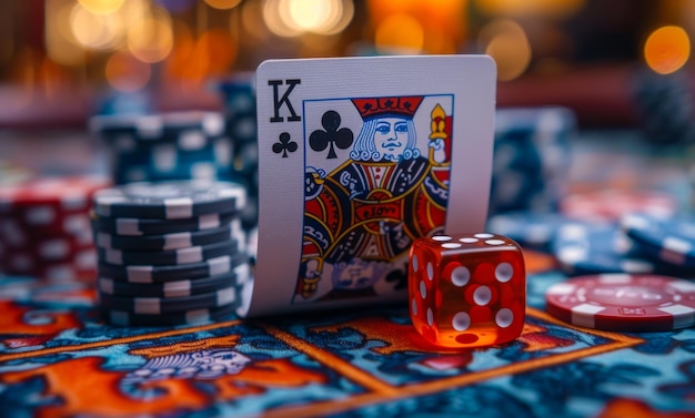 A deck of cards with a King of Clubs and a red die The cards are scattered on a table with a blue background