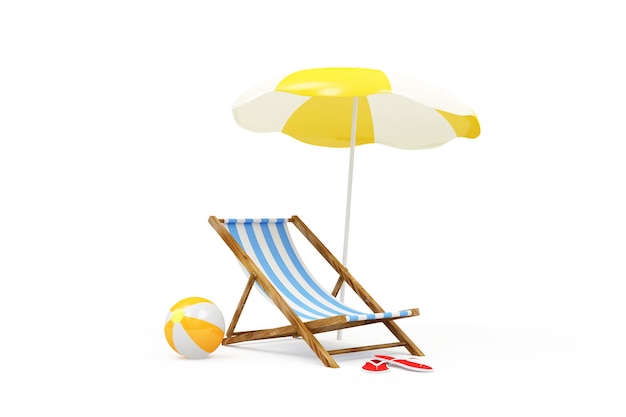 Deck Chair with Sunshade and Color Beach Ball on white background