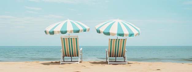 Deck Chairs and umbrella on a Beach Vintage realistic summer background vacation