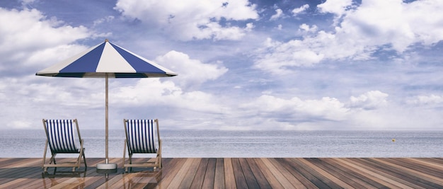 Deck chairs and umbrella on blue sky and sea background 3d illustration