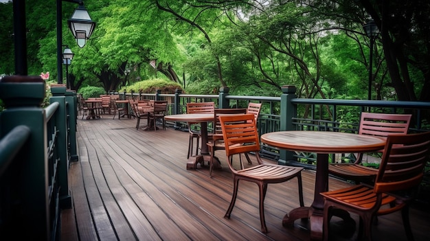 The deck at the hotel is covered in wooden tables and chairs.