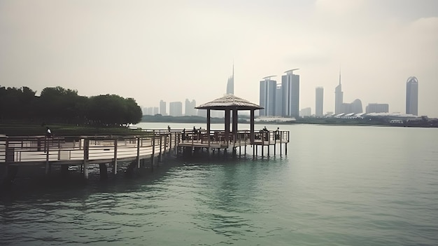 A deck at the lake with city background and a gazebo at the deck a place for hangout at lake side