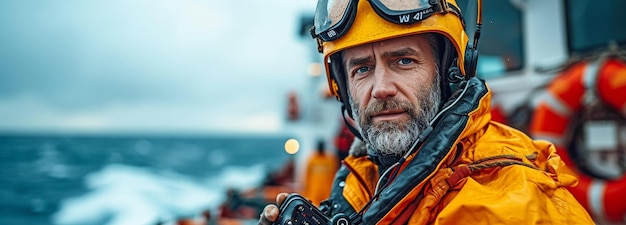 On the deck of an offshore vessel or ship a marine deck officer or chief mate is dressed in PPE which includes a helmet and coveralls His hands are holding a VHF walkietalkie radio