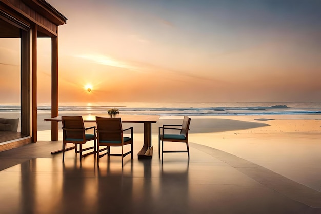 A deck with chairs and a table on the beach.