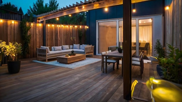 a deck with a couch and a table with a light on it