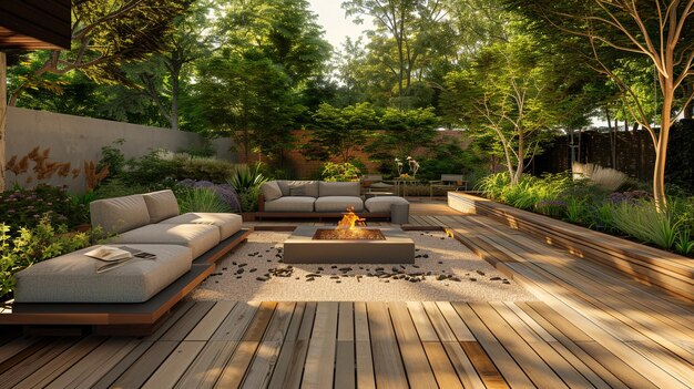 a deck with a fire pit and a fire pit