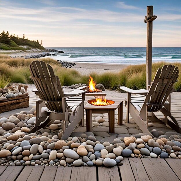 a deck with a fire place and chairs on it