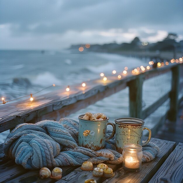 Photo a deck with a lit candle and a mug of sea shells