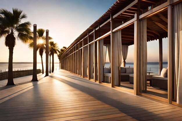 A deck with palm trees and a view of the ocean.