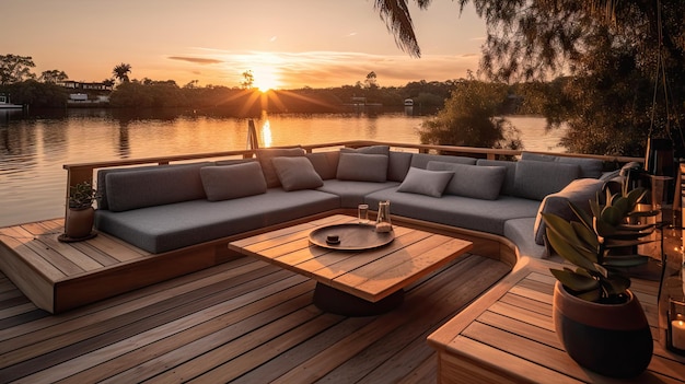 A deck with a view of the lake and the sunset.