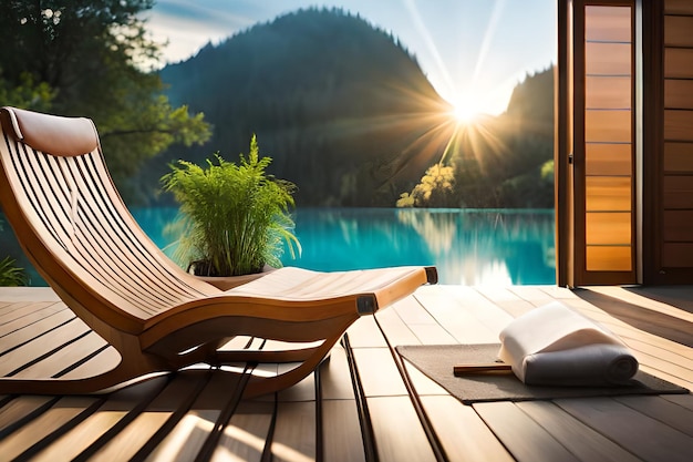 A deck with a view of a mountain and a chair with a book on it.