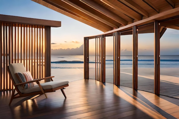 A deck with a view of the ocean and the sun setting.