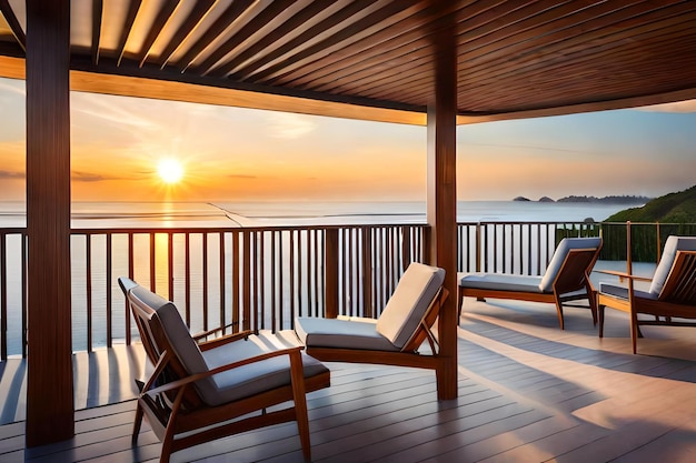 A deck with a view of the ocean and the sunset