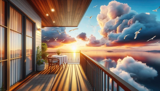 Photo a deck with a view of the sunset and seagulls flying in the sky