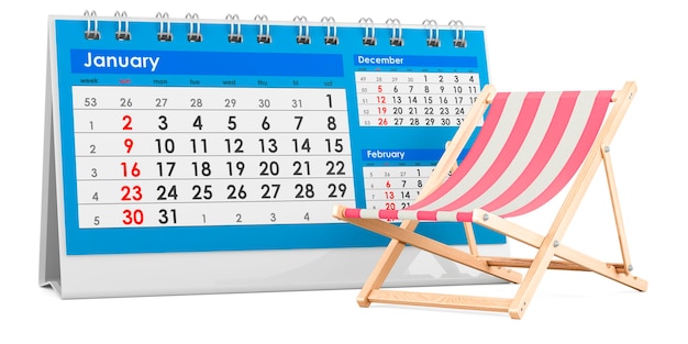 Deckchair with desk calendar 3D rendering