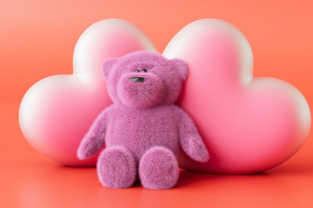 A declaration of love teddy bear and pink hearts on a red background 3D render