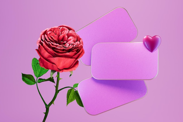 a declaration of love. text tables with a heart and a rose on a purple background. 3D render