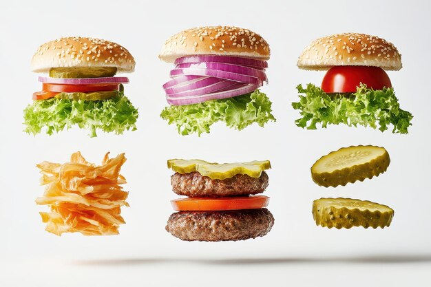 Photo a deconstructed burger with all its layers including bun lettuce tomato onion and beef patty