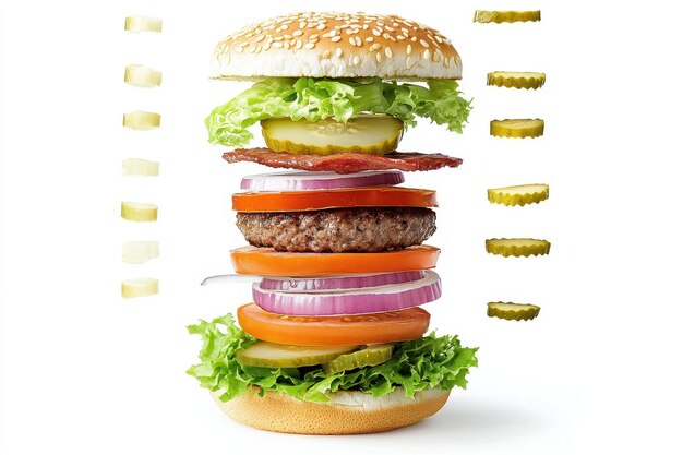 Photo a deconstructed burger with all its layers including bun lettuce tomato onion and beef patty