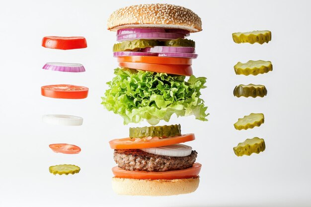 Photo a deconstructed burger with all its layers including a sesame seed bun lettuce tomato