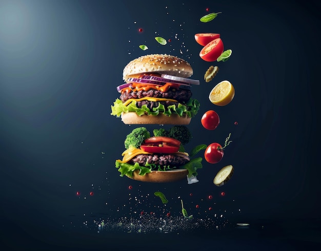 A deconstructed burger with its ingredients floating in the air showcasing fresh vegetables cheese and beef against a dark background