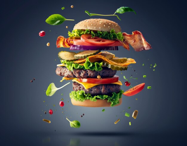 A deconstructed burger with its ingredients floating in the air showcasing fresh vegetables cheese and beef against a dark background