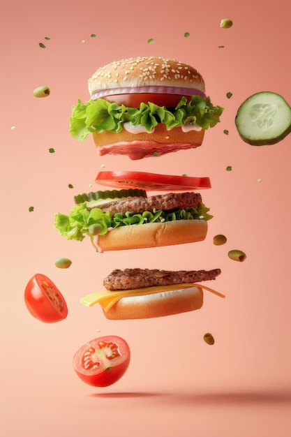 A deconstructed cheeseburger with floating ingredients including lettuce tomato onion and pickles against an orange background