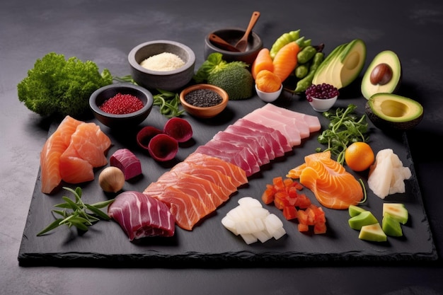 Deconstructed sushi ingredients on slate board