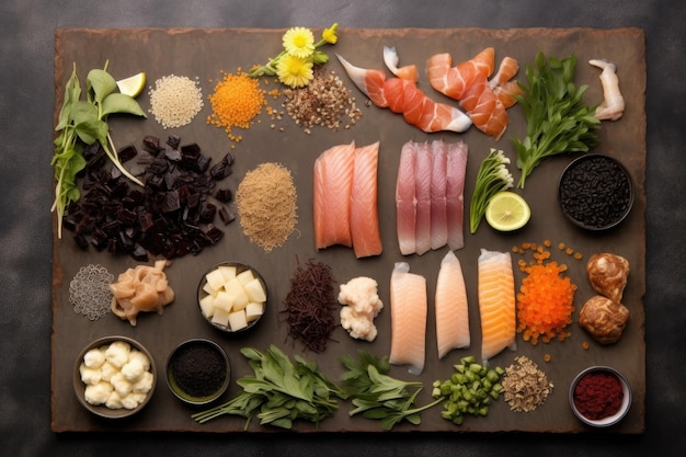 Deconstructed sushi ingredients on slate board