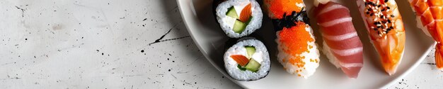 A deconstructed sushi platter with pieces of fresh fish sushi rice and garnishes artistically arranged on a minimalist plate emphasizing clean lines and simplicity Soft lighting creates a