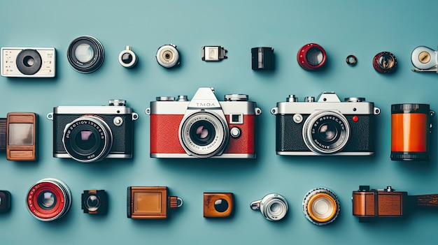 Deconstructed Vintage Cameras Flat Lay