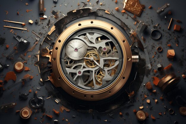 Photo deconstructed watch mechanism on dark background