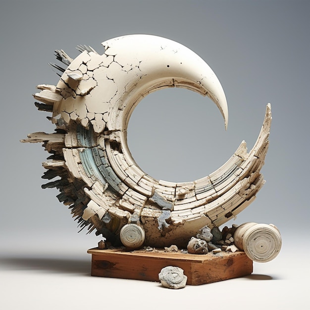 Deconstruction modern pottery sculpture incomplete beauty sun moon composite materials wood