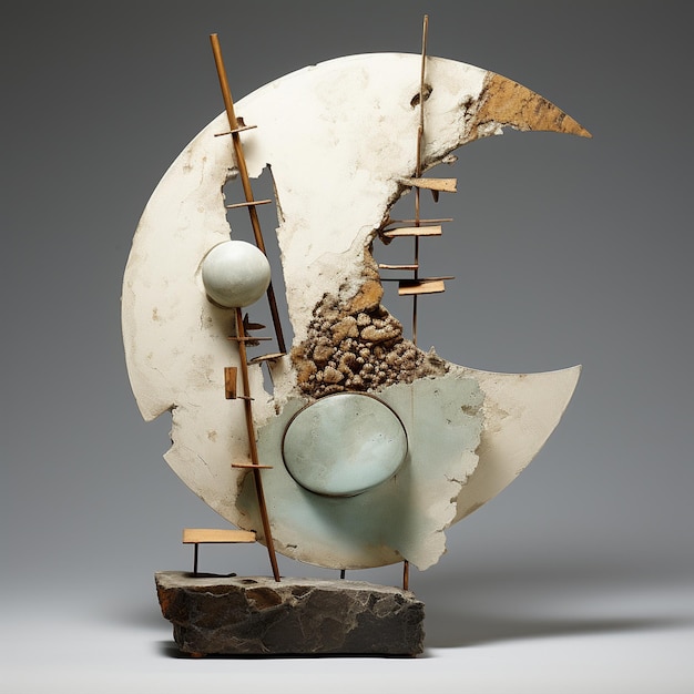 Deconstruction modern pottery sculpture incomplete beauty sun moon composite materials wood