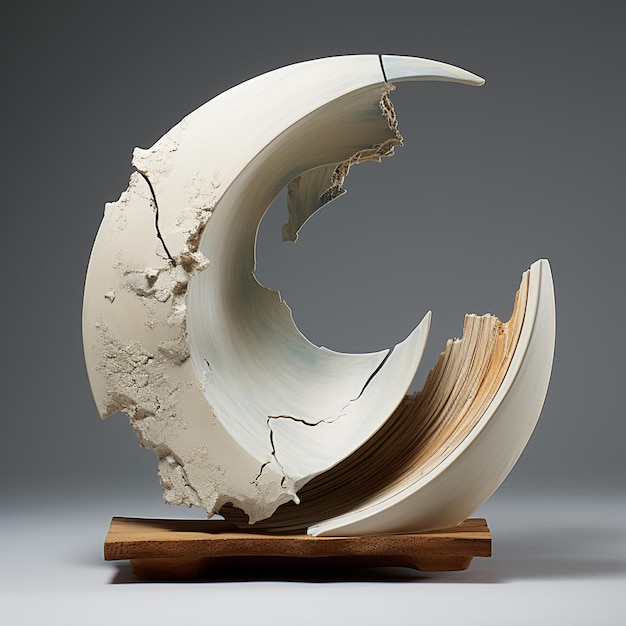 Deconstruction modern pottery sculpture incomplete beauty sun moon composite materials wood