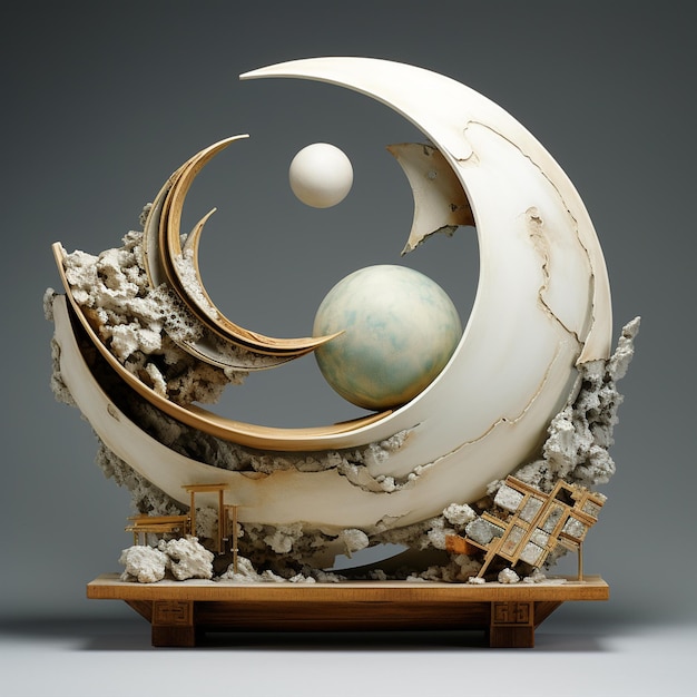 Deconstruction modern pottery sculpture incomplete beauty sun moon composite materials wood