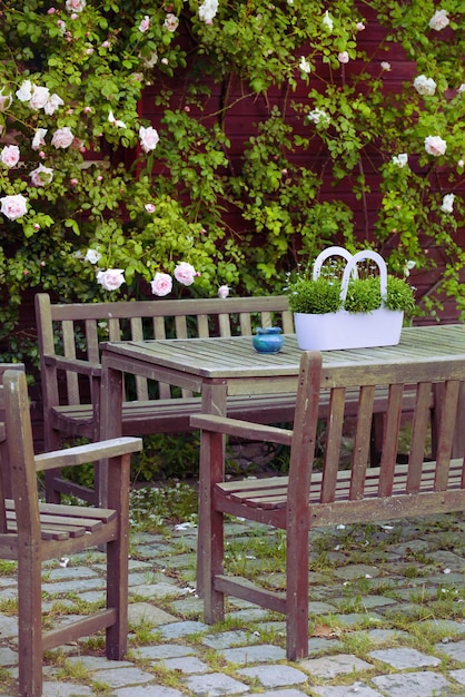 Decor, delicate flowers in a  decorative pot standing on a table in the garden