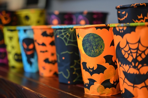 Photo decorate treat bags or buckets with spooky designs generative ai