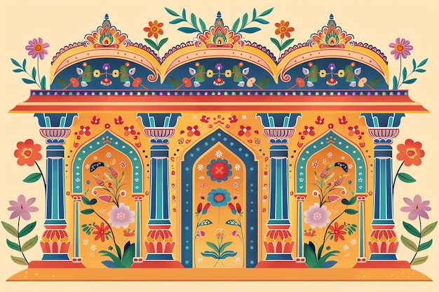 Decorated archways with floral motifs and religious symbols Indian background concept