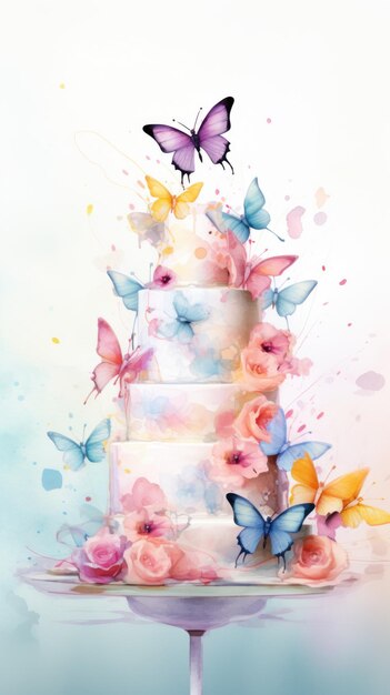 Decorated cake with colorful splashes flowers and butterflies Watercolor illustration Perfect for celebrations or bakery advertisements Vertical format