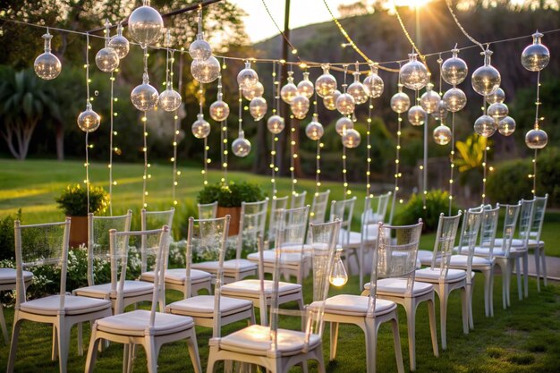 Decorated Ceremonial Area Outdoors with Modern Transparent Chairs and Beautiful Festoon