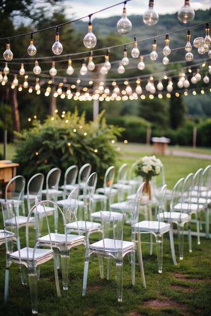 Photo decorated ceremonial area outdoors with modern transparent chairs and beautiful festoon