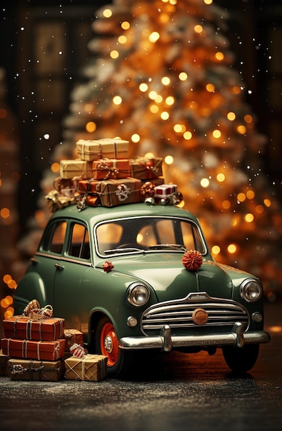 Decorated Christmas car near the Christmas tree Christmas and New Year holiday concept Copyspace