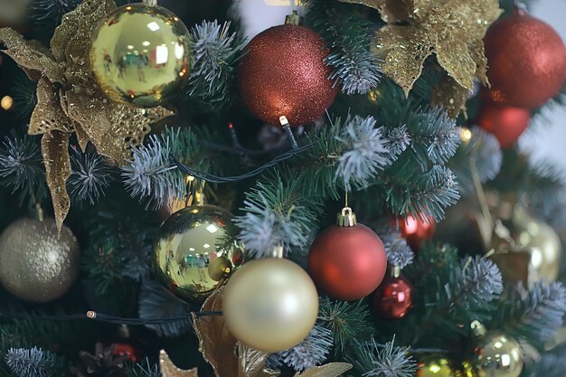 decorated Christmas tree, beautiful background, gifts and balls, holiday